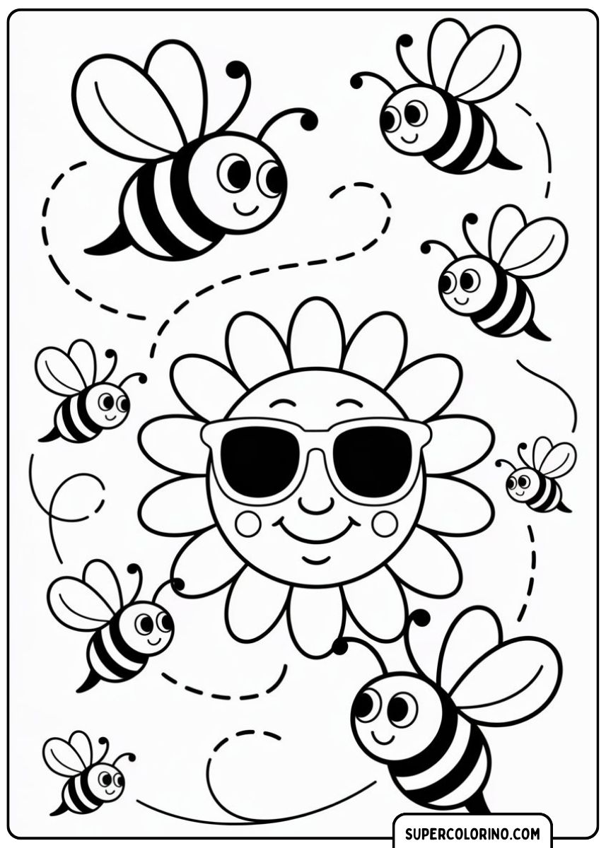 Image à colorier d'un tournesol cool avec des lunettes de soleil et des abeilles qui volent.