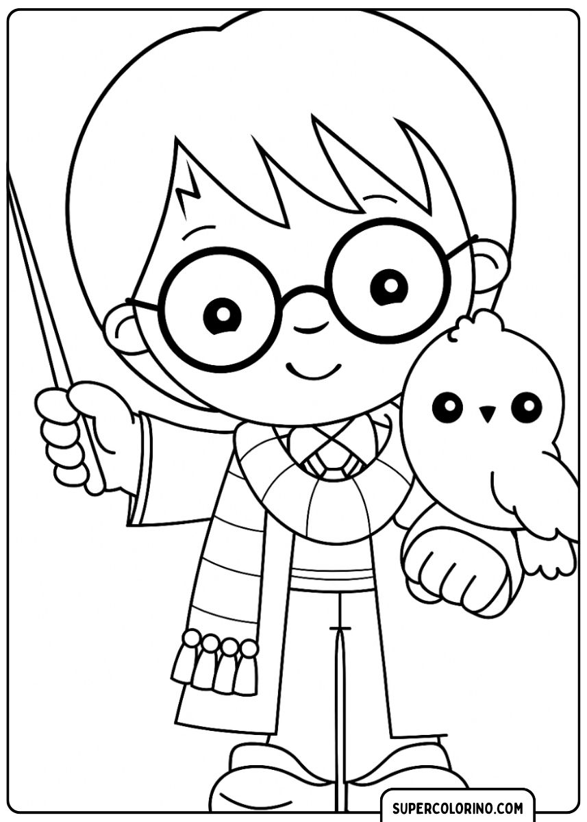 Harry Potter (style Chibi) avec baguette et hibou.
