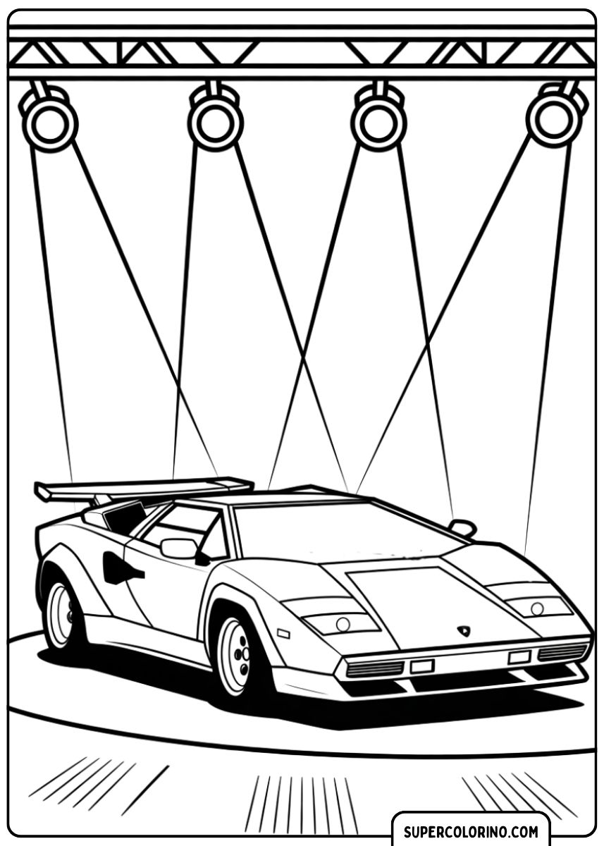 Immagine da colorare di una classica Lamborghini Countach con alettone sotto i riflettori.