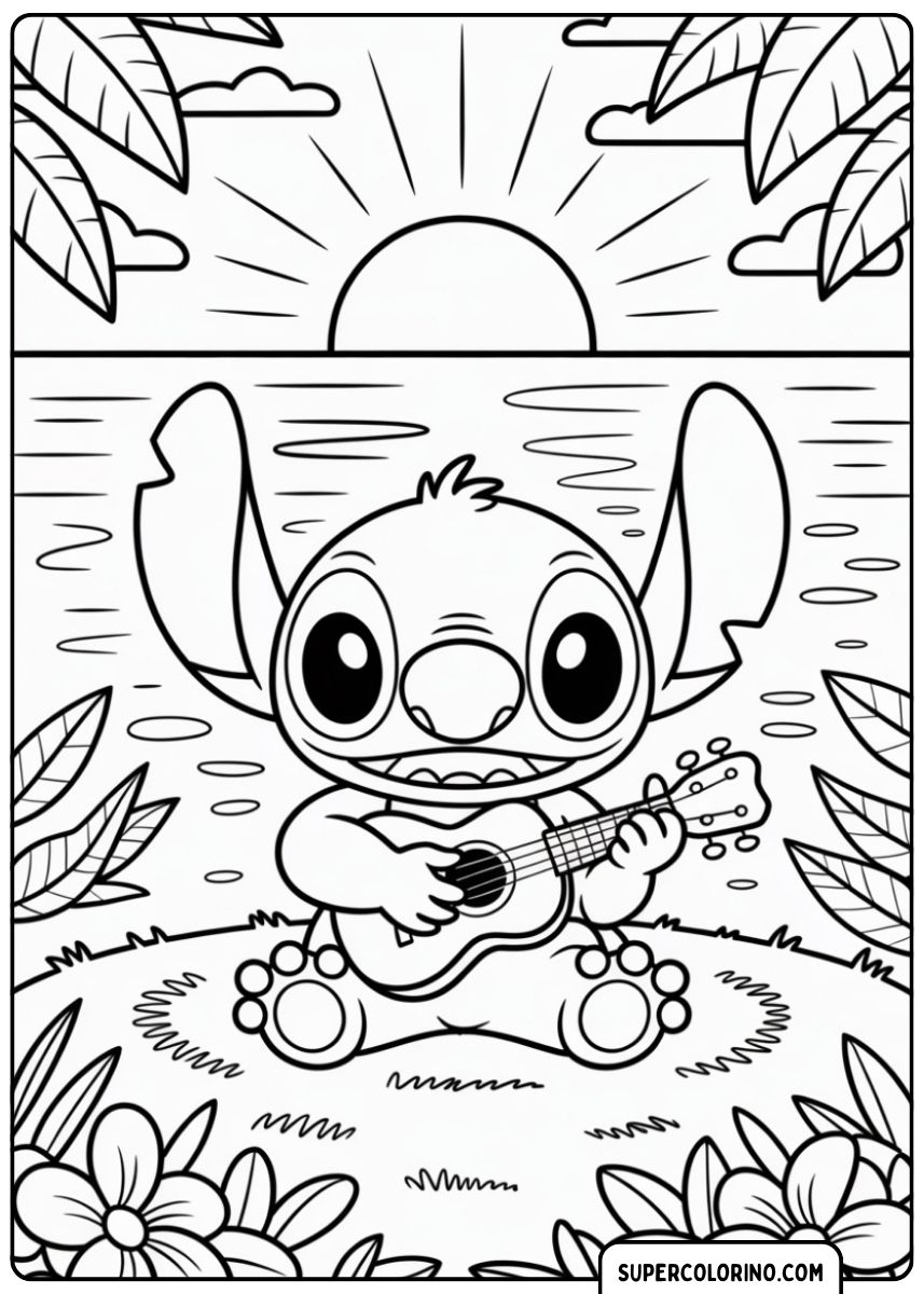 Stitch speelt ukelele bij zonsondergang op het strand.