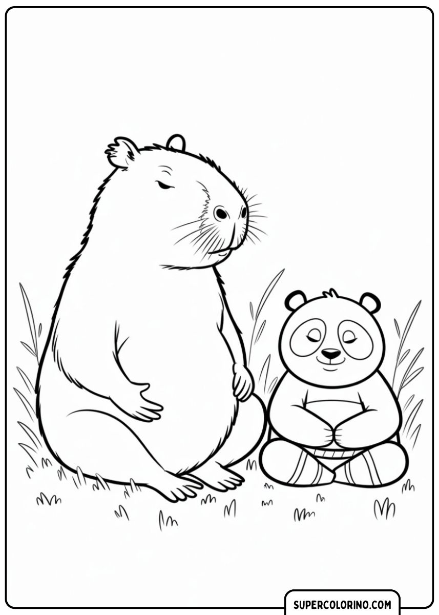 Malvorlage: Capybara und kleiner Panda meditieren gemeinsam im Schneidersitz auf einer Wiese.