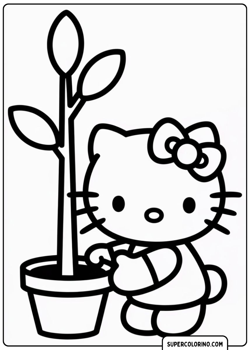 Kleurplaat van Hello Kitty die een potplant met grote bladeren knuffelt.