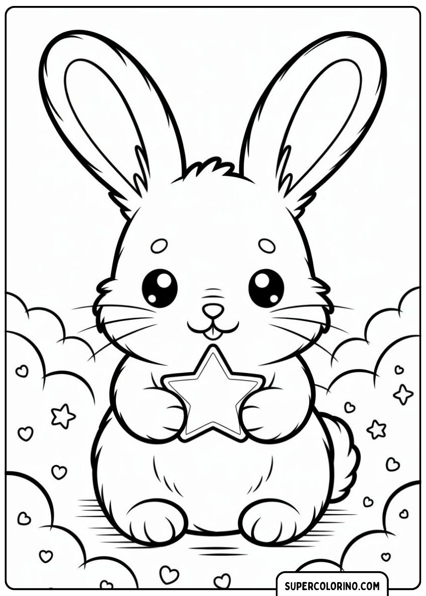 Ein Kawaii-Hase mit langen Ohren hält einen kleinen Stern und ist von Wolken und Herzen umgeben.