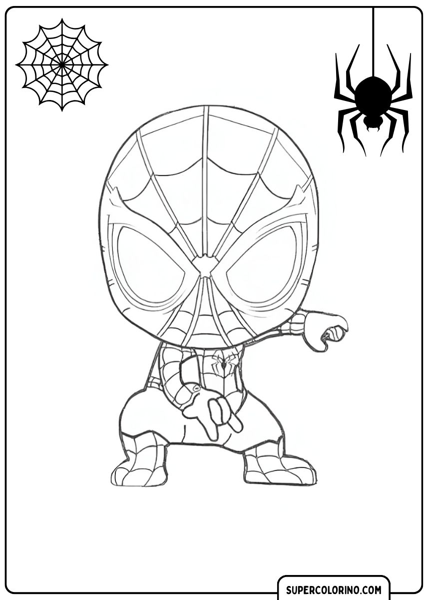 Malvorlage von Spidey im Chibi-Stil in einer ausladenden Kampfpose.