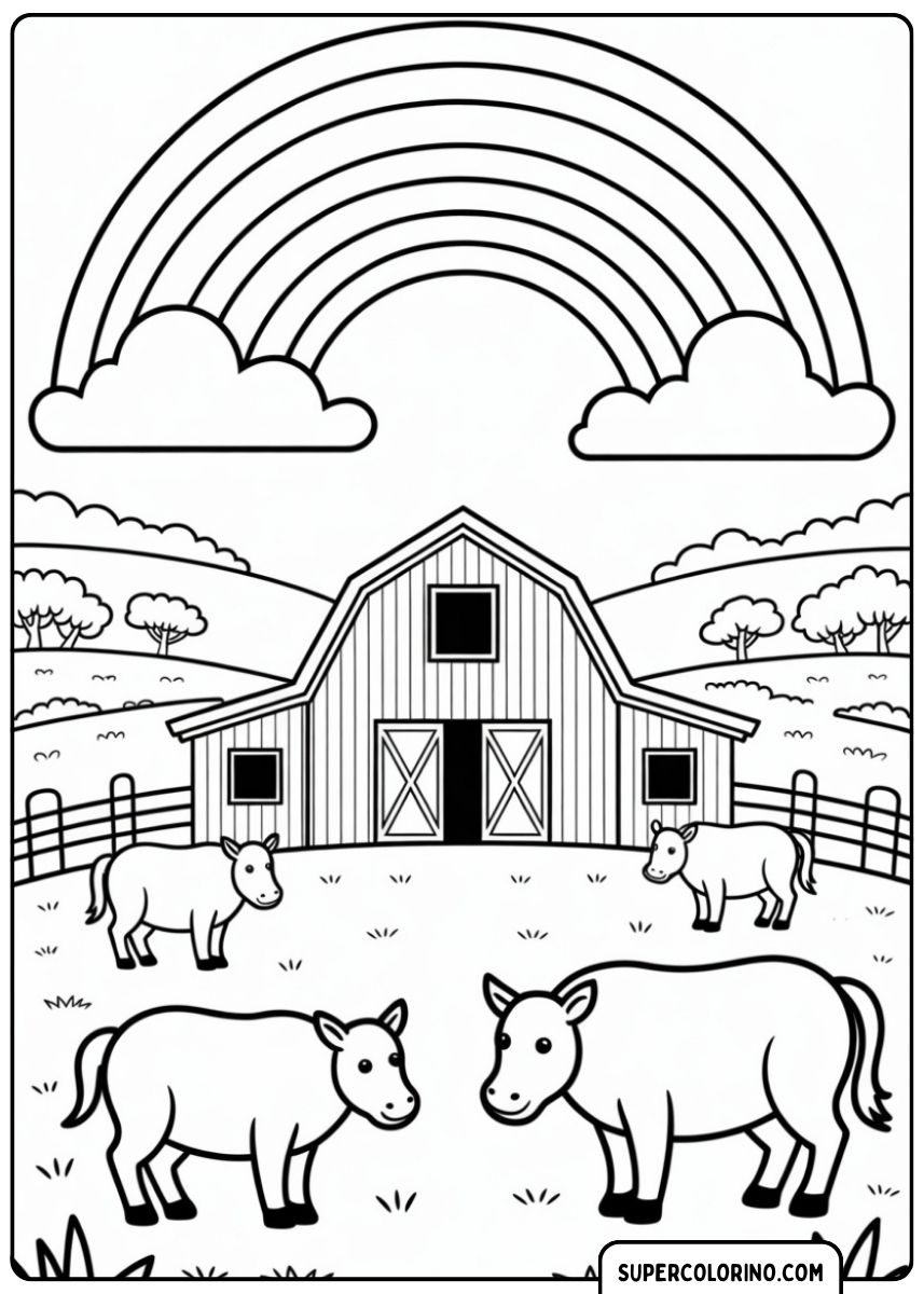 Coloriage d'une scène de ferme avec des vaches, une grange et un grand arc-en-ciel au-dessus des champs.