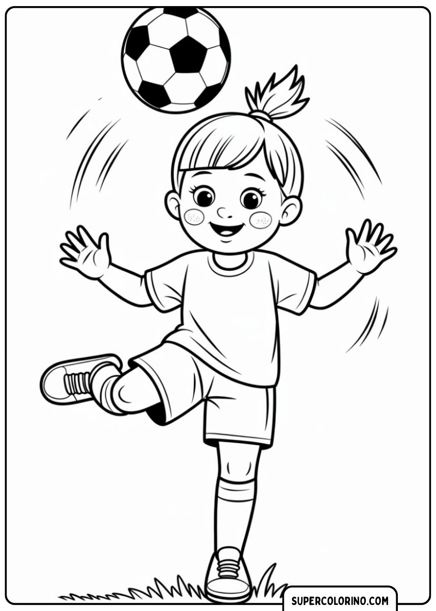 Kleurplaat van een glimlachend klein meisje dat voetbal speelt.