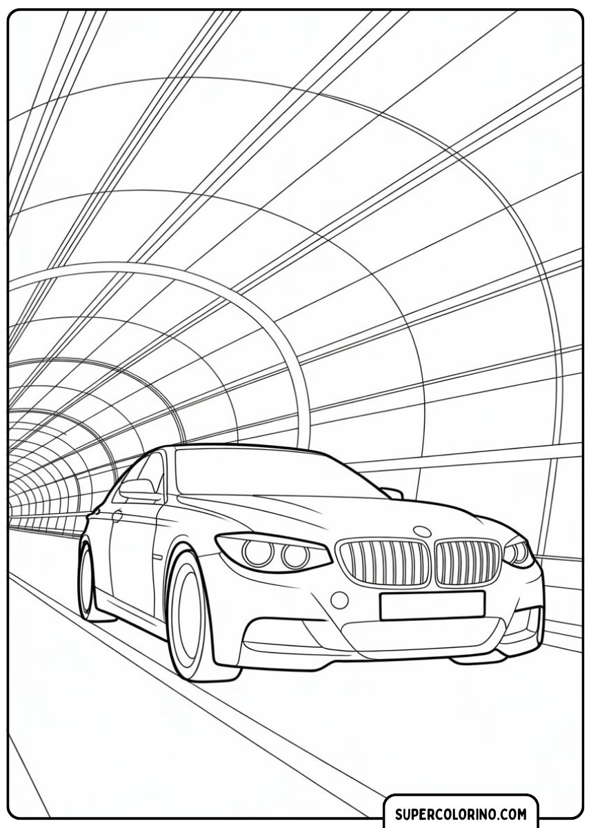 Malvorlage BMW im Tunnel: Moderner BMW (ähnlich 5er F10) rast durch einen beleuchteten Tunnel.