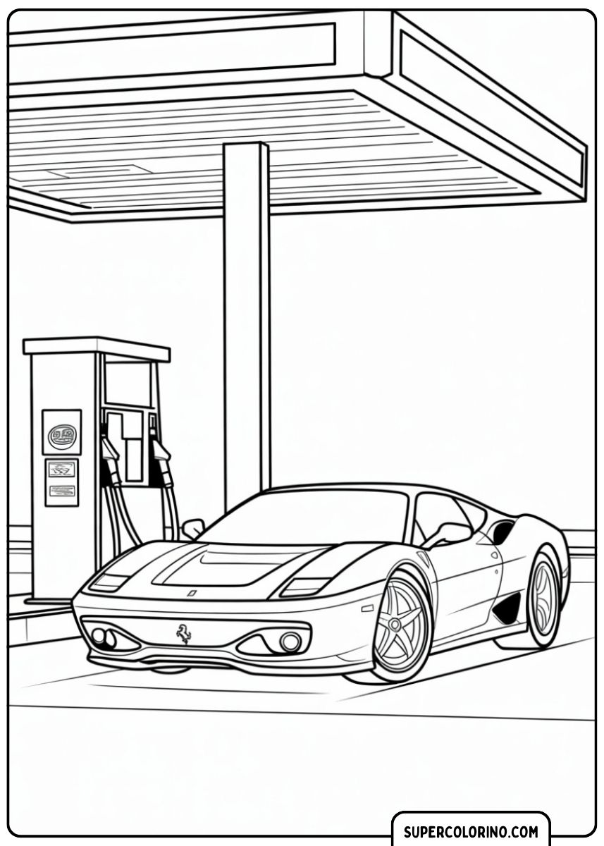 Kleurplaat van een Ferrari 360/430 die tankt bij een benzinestation.