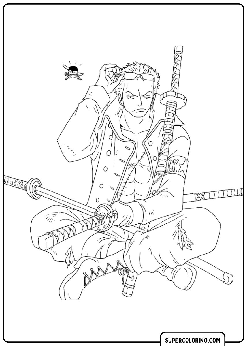 Image à colorier : Roronoa Zoro assis tenant son épée, avec son Jolly Roger dans le coin supérieur.