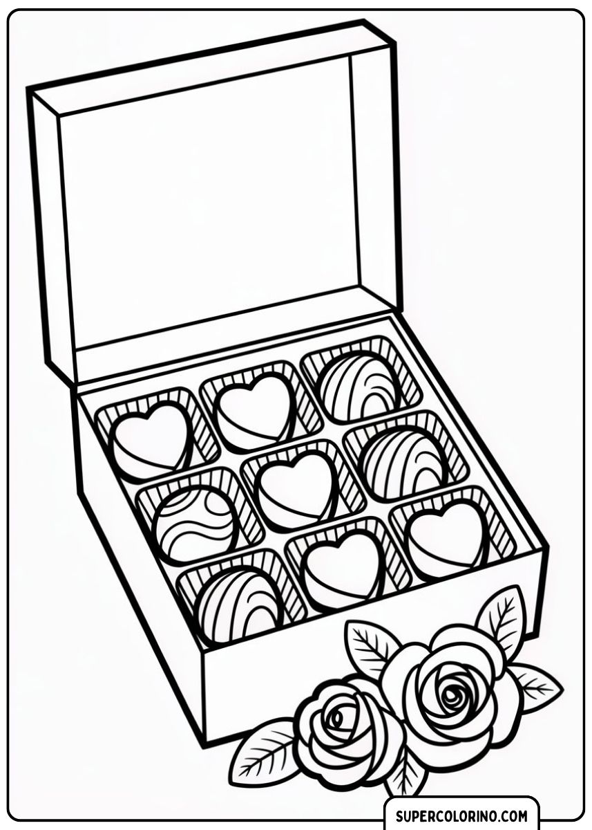 Malvorlage einer offenen Pralinenschachtel mit herzförmigen Pralinen und Rosen.