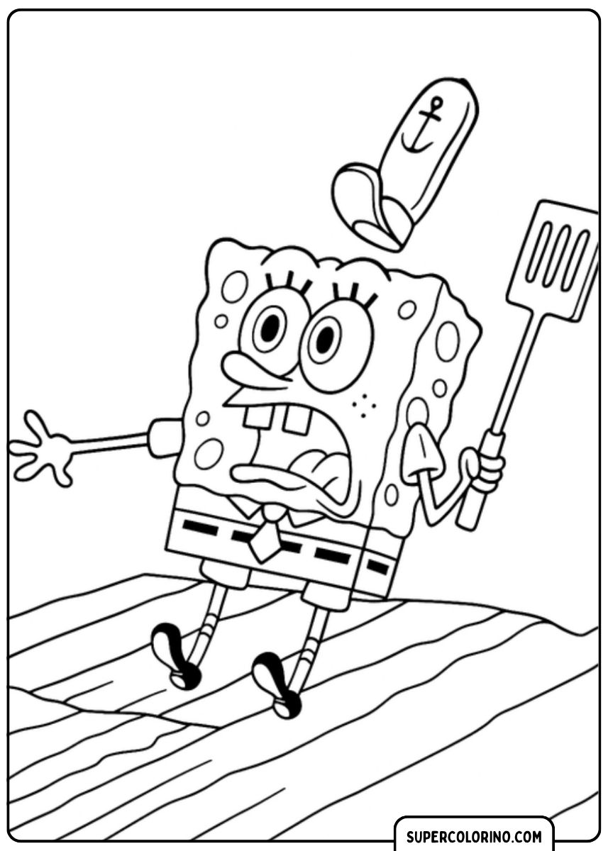 SpongeBob erschrocken, mit weit geöffnetem Mund und wegfliegendem Hut, während er einen Spatel in der Hand hält.