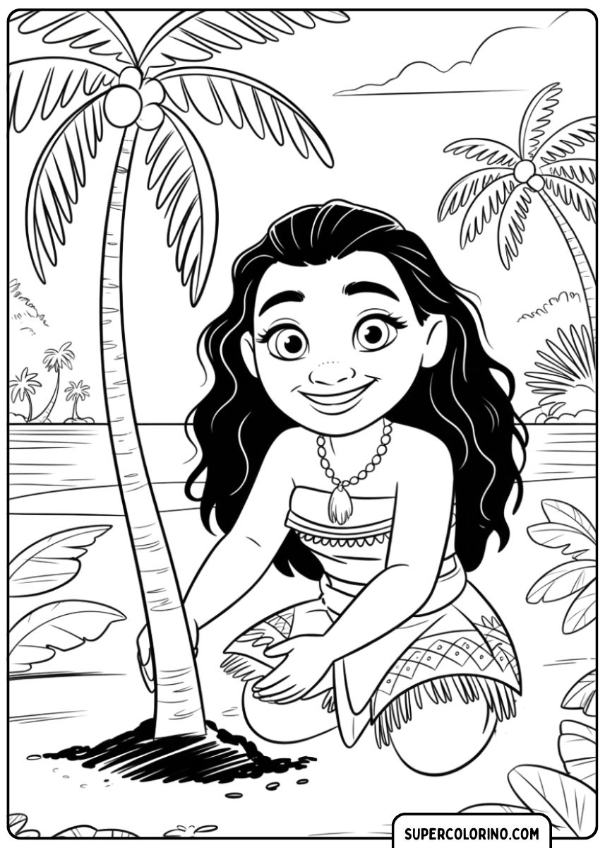 Coloriage : Vaiana assise près d’un jeune palmier sur la plage.