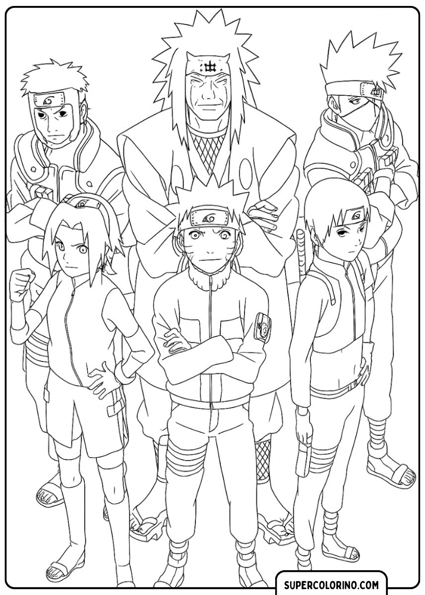 Farbbild einer großen Gruppe von Konoha Shinobi, darunter Jiraiya, Team Kakashi (Naruto, Sakura, Sai), Yamato und Kakashi.
