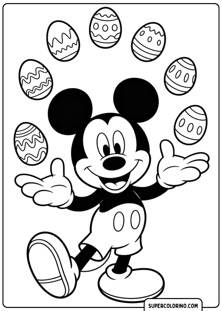 Image à colorier : Mickey Mouse jouant avec des œufs de Pâques décorés.