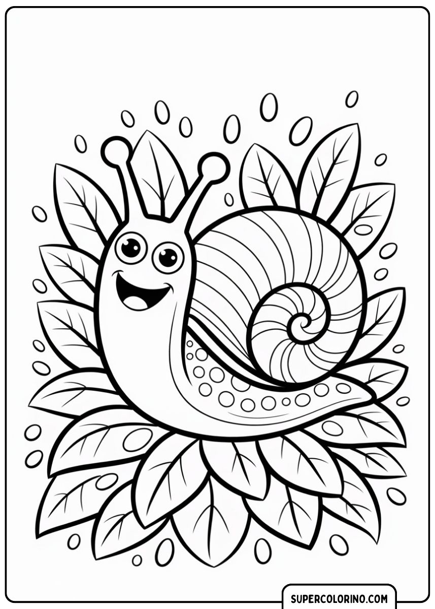 Image à colorier d’un escargot heureux avec une grosse coquille, assis sur un tas de feuilles printanières.