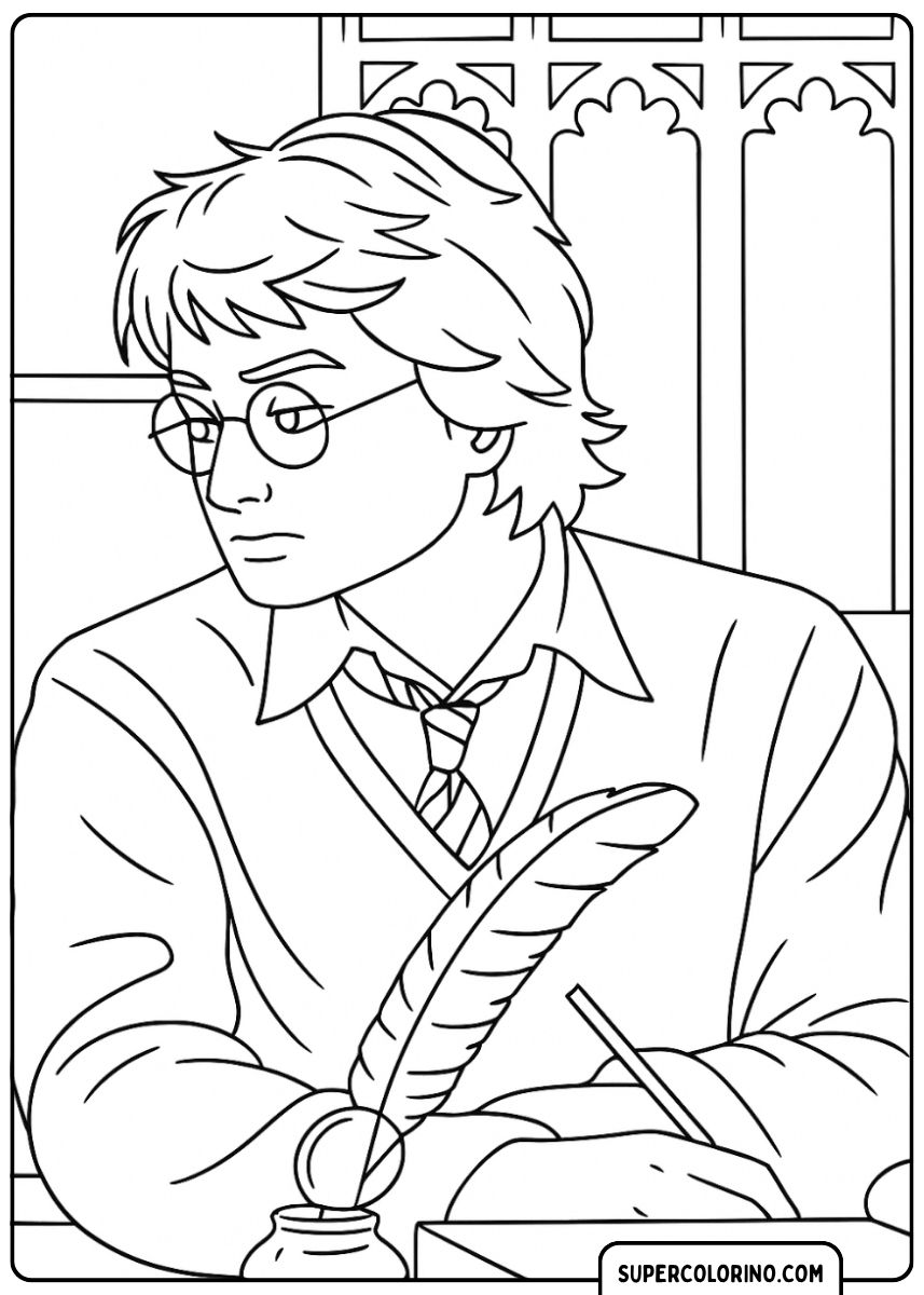 Harry Potter écrivant avec une plume et de l'encre.
