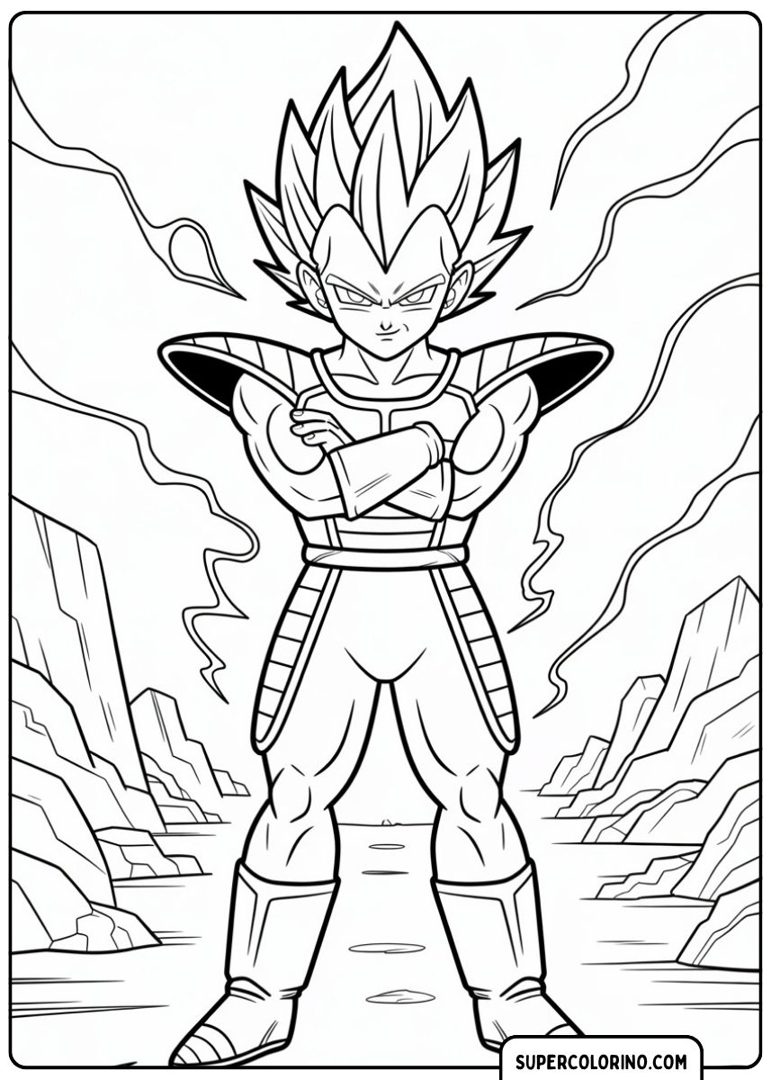 Kleurplaat van Vegeta in zijn Saiyan-pantser met zijn armen over elkaar.
