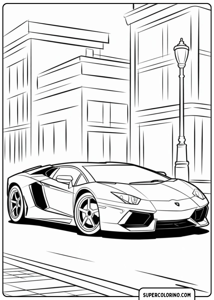 Immagine da colorare di una Lamborghini Aventador in un ambiente urbano.