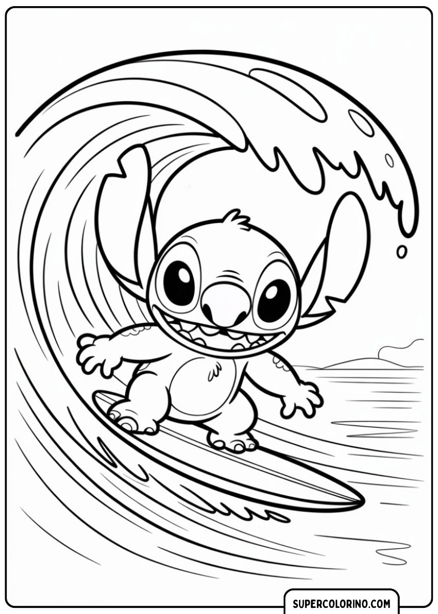 Stitch surft op een grote golf.