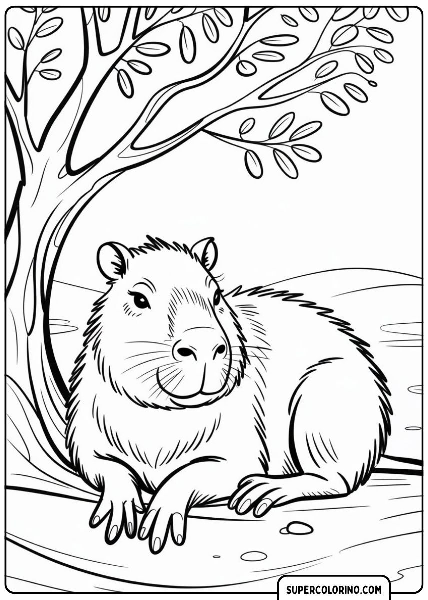 Malvorlage: Capybara liegt unter einem Baumstamm und ruht am Ufer eines Baches.
