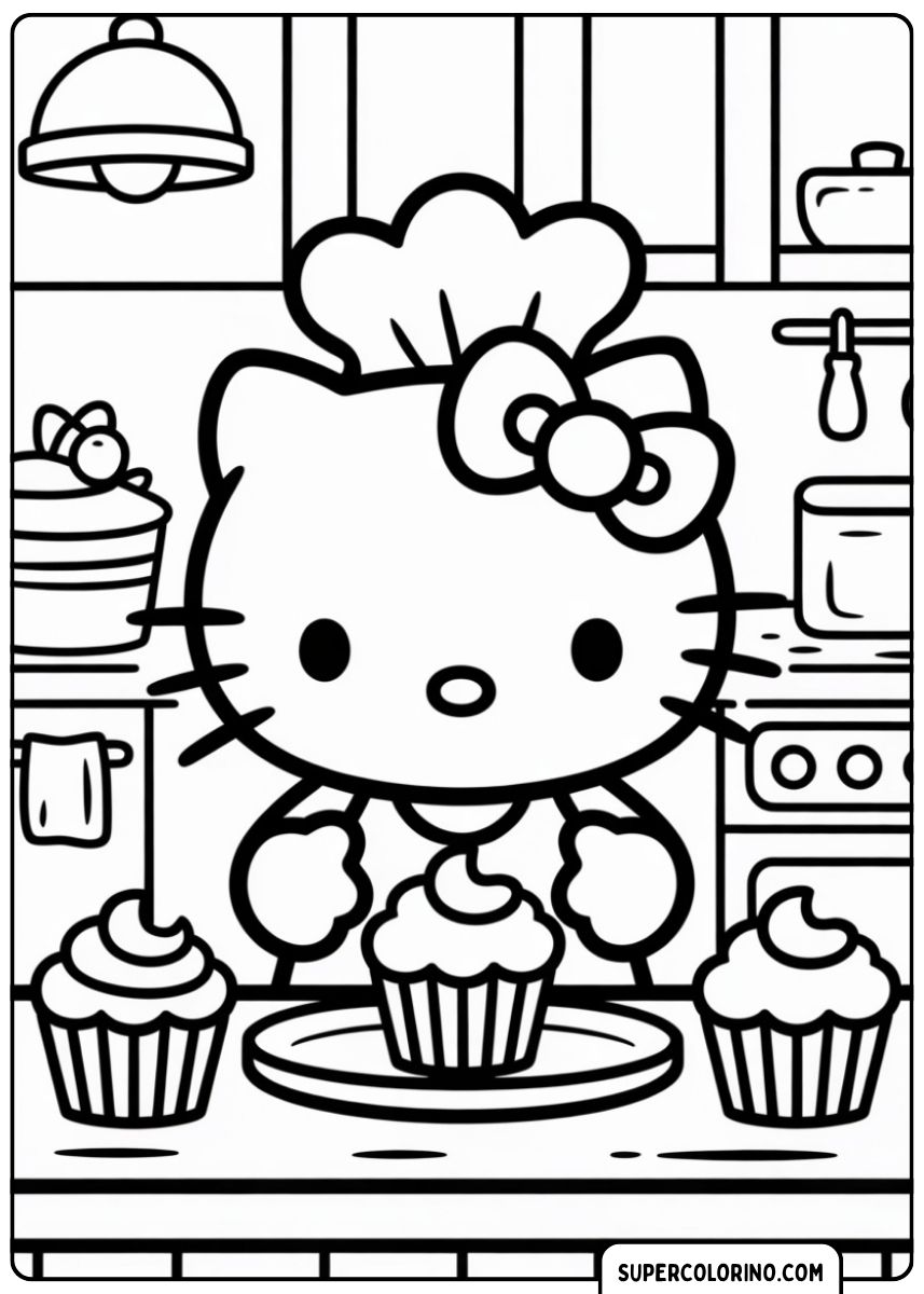 Kleurplaat van Hello Kitty chef-kok met een koksmuts, cupcakes bereiden in de keuken.