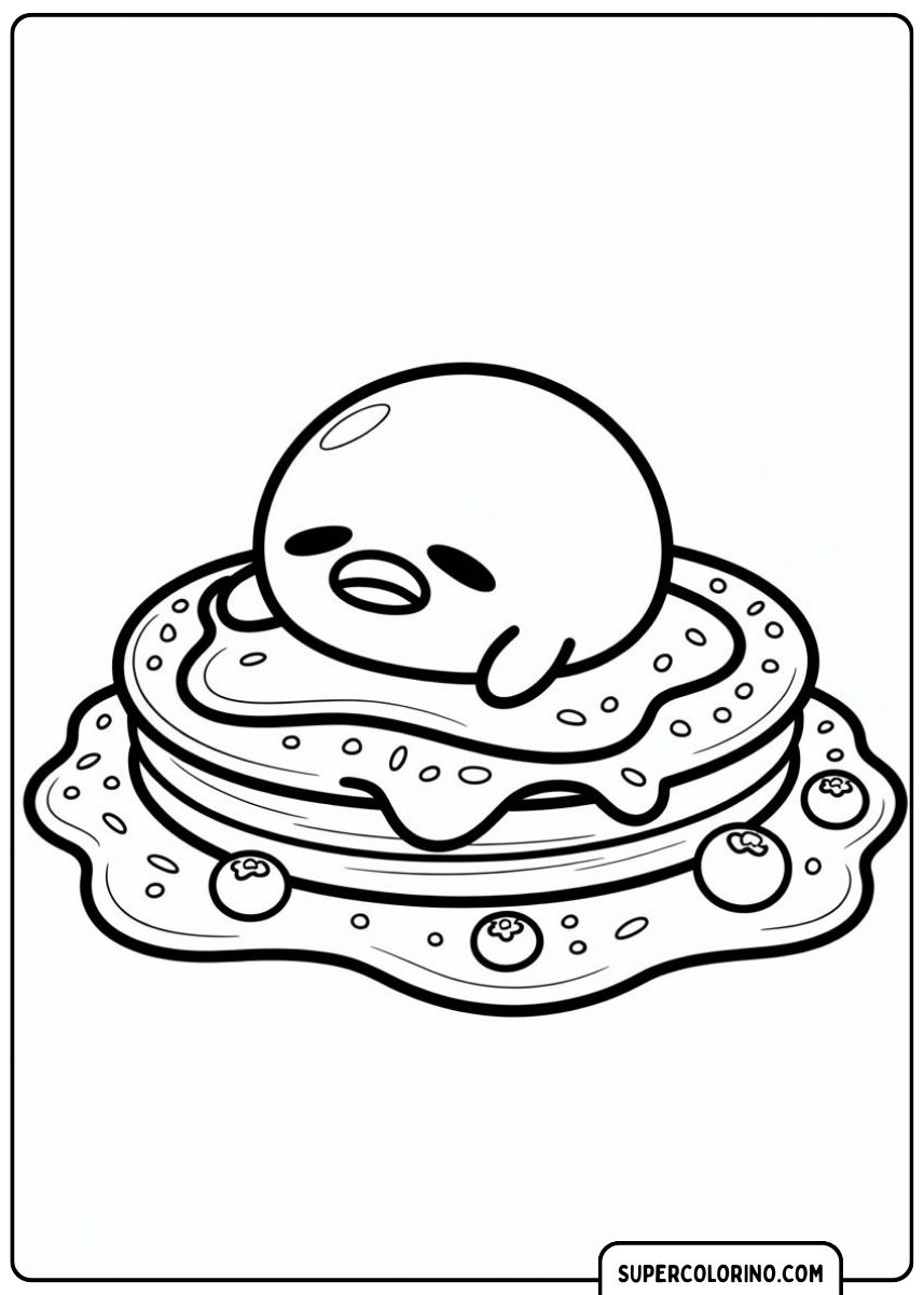 Gudetama, Sanrios faules Ei, liegt mit Soße bedeckt auf einem Pfannkuchen mit Blaubeeren.