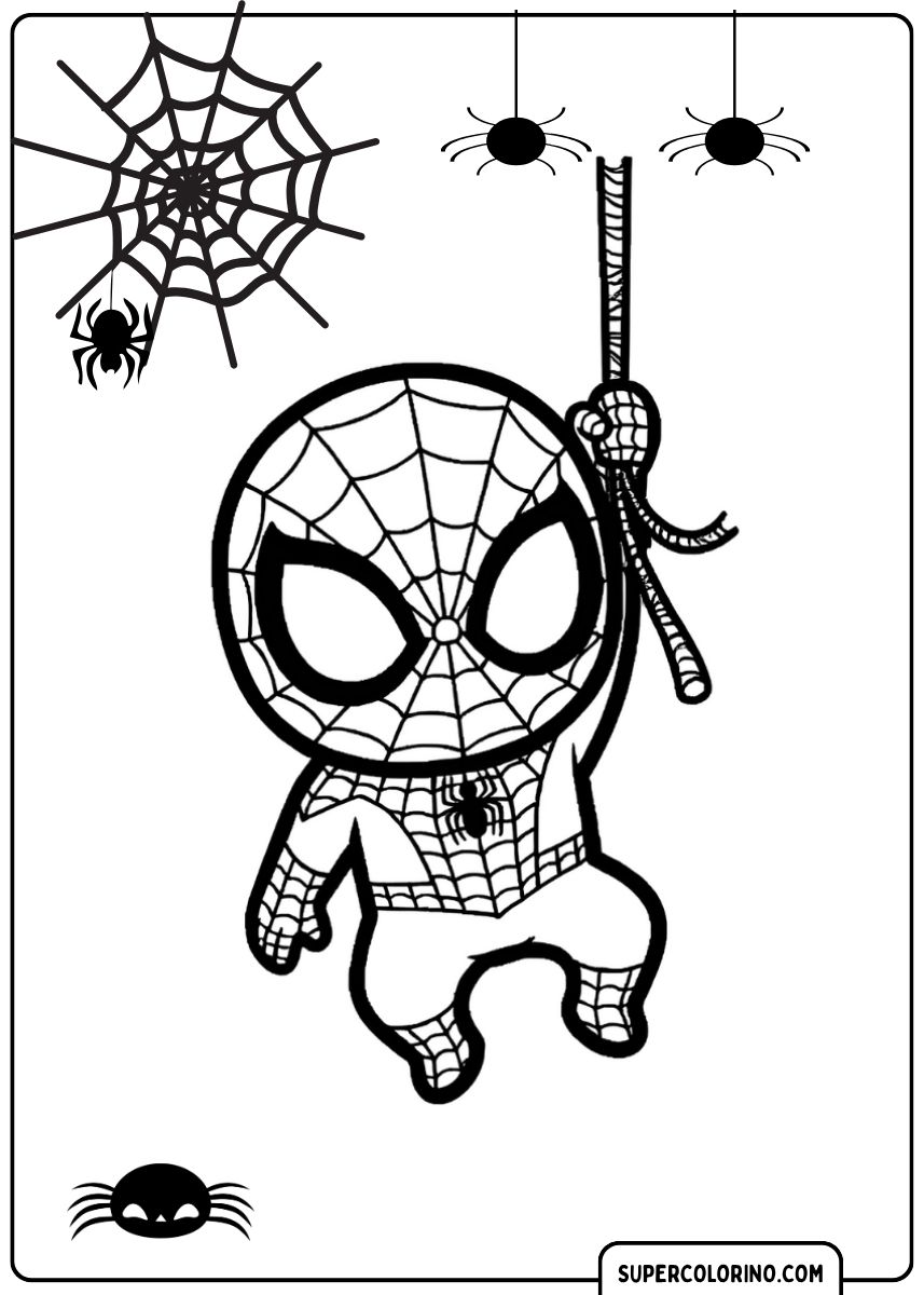 Malvorlage eines Chibi-Spidey, der aus einem Spinnennetz schwingt.
