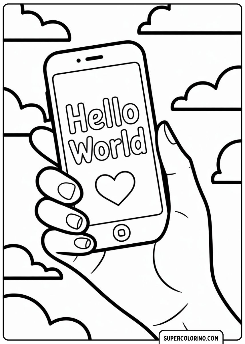 Hand hält ein iPhone mit der Aufschrift „Hello World“ und einem Herzen.