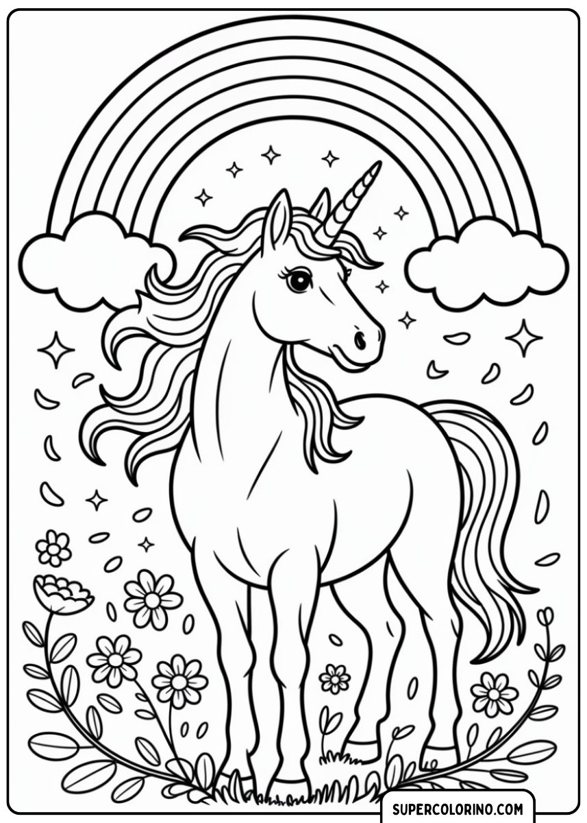 Coloriage d'une majestueuse licorne dans un champ de fleurs, avec des pétales volants et un arc-en-ciel.