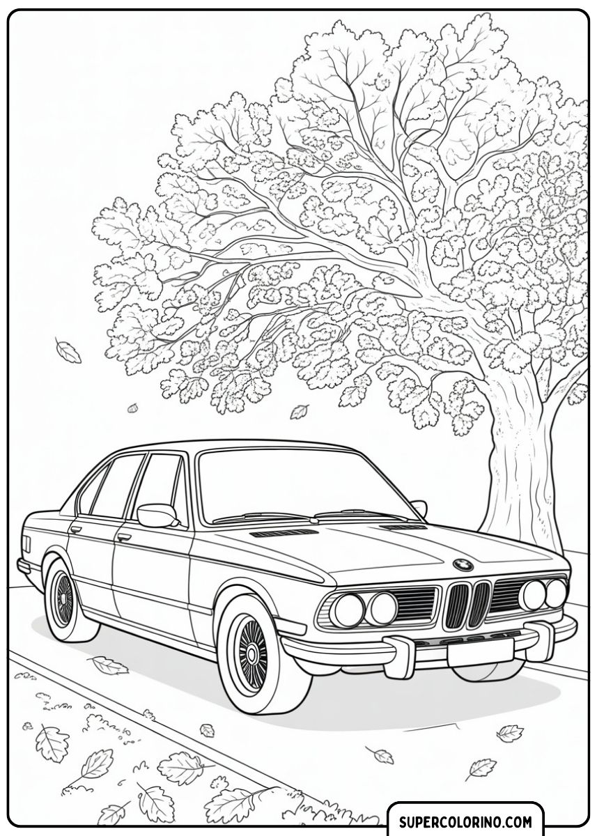 Malvorlage BMW Limousine im Herbst: Klassischer BMW (ähnlich E12/E28) geparkt unter einem Baum mit fallenden Blättern.