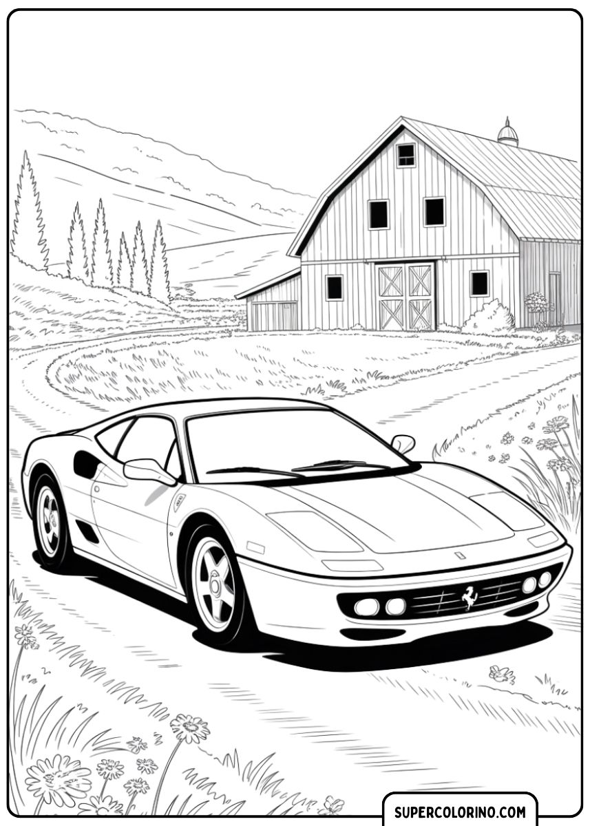 Kleurplaat van een klassieke Ferrari 355/F512 op een onverharde weg voor een traditionele schuur.