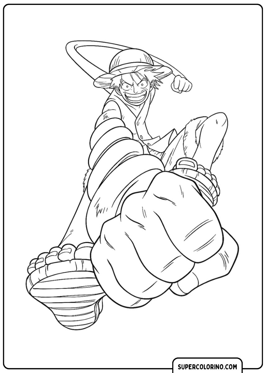 Image à colorier : Monkey D. Luffy effectue une attaque Gom Gom Punch avec un poing très étendu.