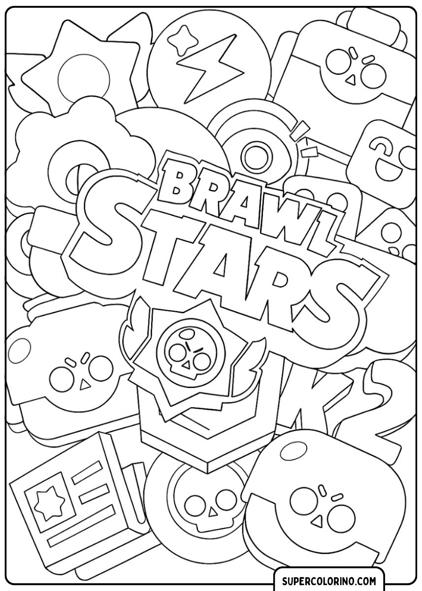 Image colorée du logo Brawl Stars entouré de diverses cases et symboles Power-Up.