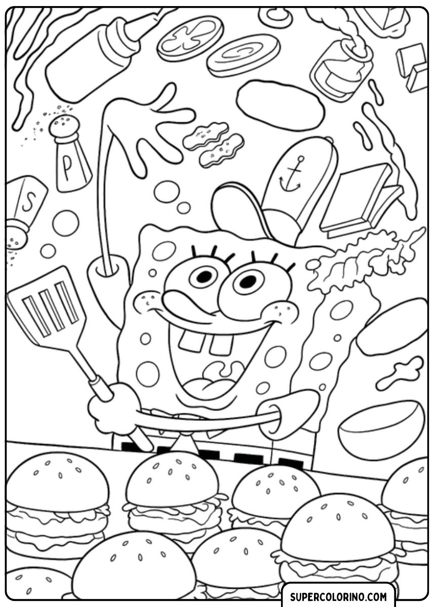 SpongeBob in der Küche, umgeben von Zutaten und fertigen Krabbenburgern.