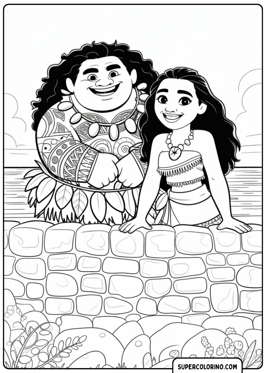 Image à colorier : Moana et Maui appuyés contre un mur de pierre au-dessus de l’eau.
