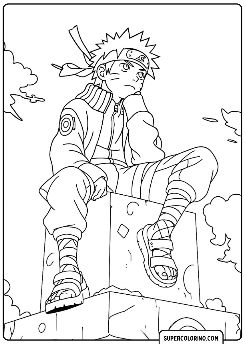 Ausmalbild von Naruto, der nachdenklich auf einem Felsen oder Block sitzt.