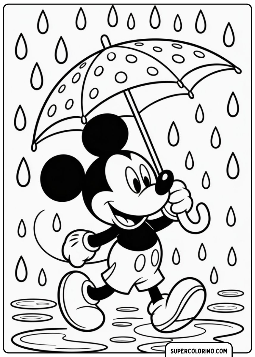 Coloriage : Mickey Mouse marchant sous la pluie avec un parapluie à pois.