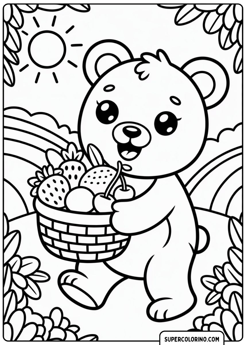Image à colorier d’un mignon petit ours tenant un panier rempli de fruits et de baies du printemps.