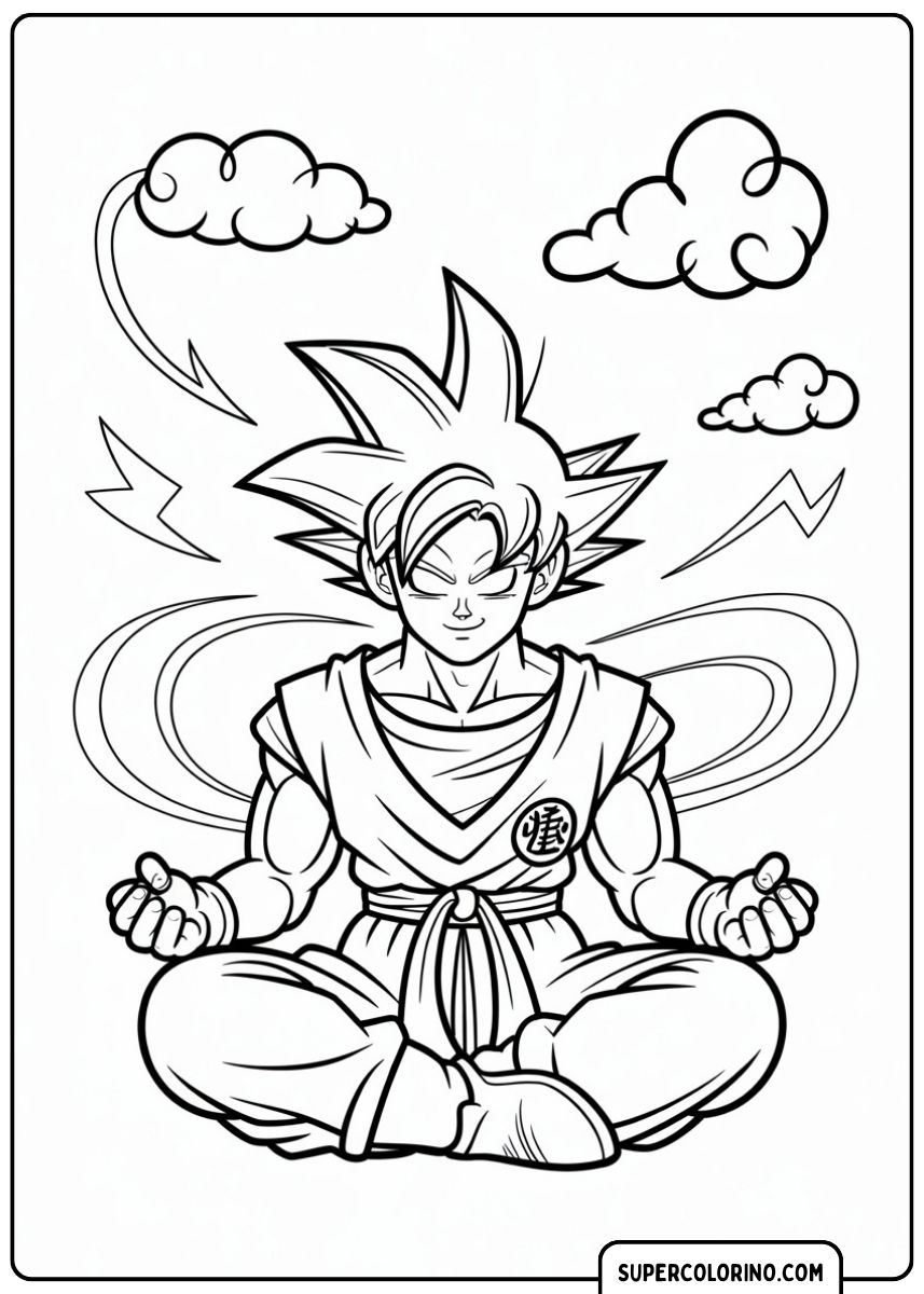 Disegno da colorare di Goku in posizione di meditazione, circondato da fulmini e nuvole.