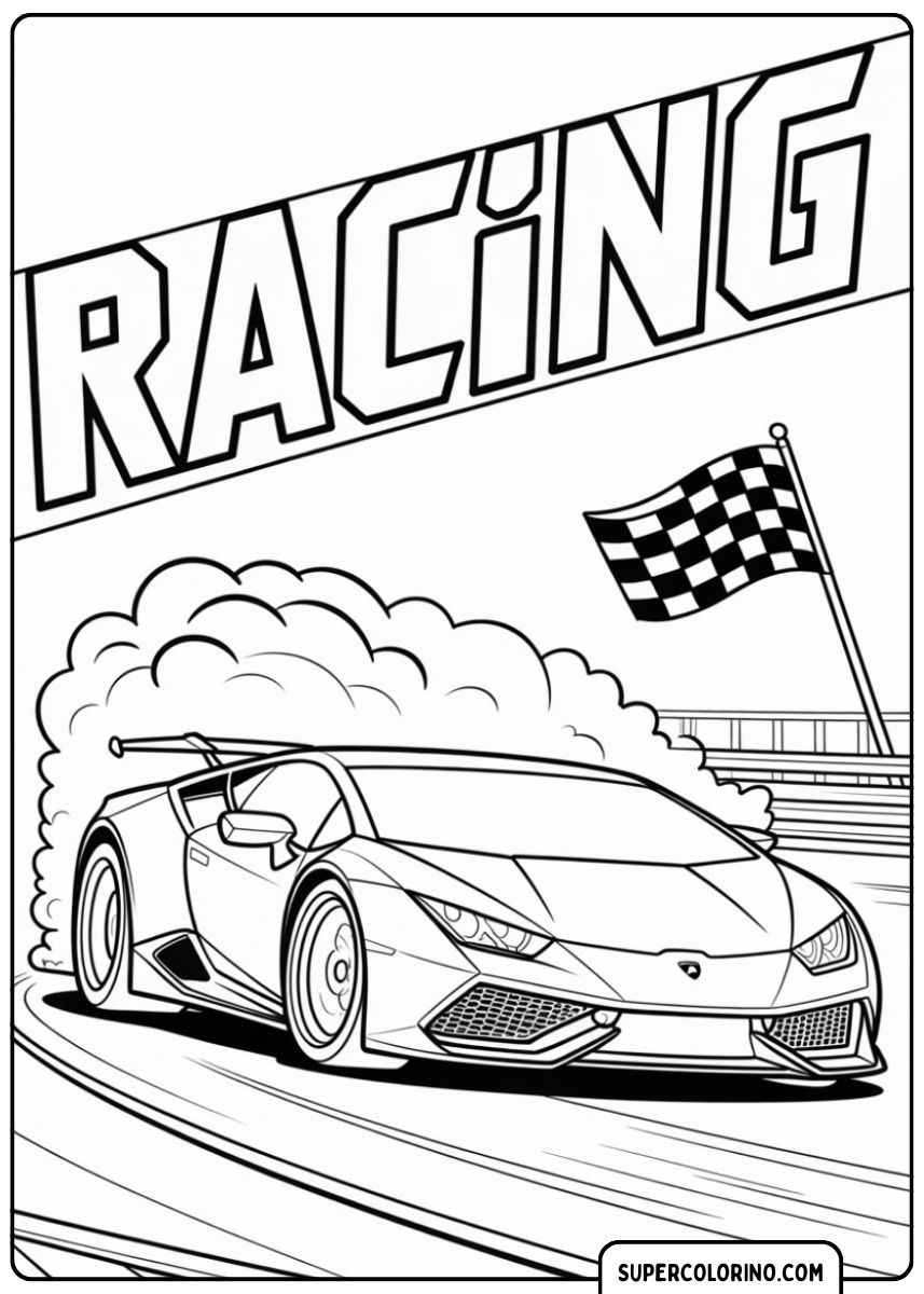 Immagine da colorare di una Lamborghini Huracán da corsa con fumo e bandiera a scacchi.