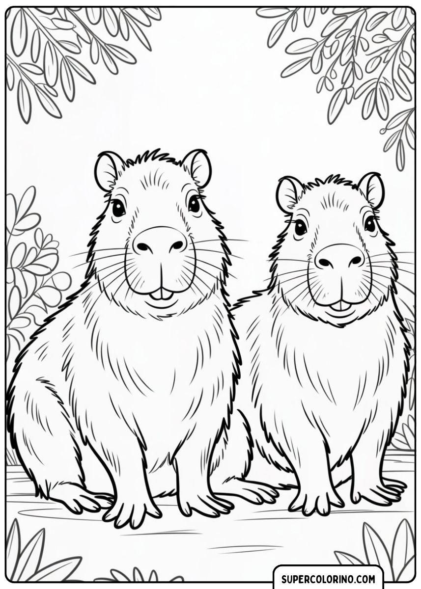 Malvorlage: Zwei Capybaras sitzen nebeneinander und lächeln in einer Dschungelumgebung.