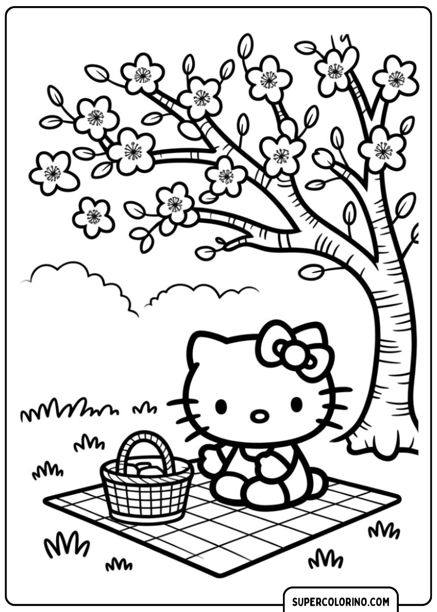 Kleurplaat van Hello Kitty op een picknick onder een bloeiende boom, bij een mand.
