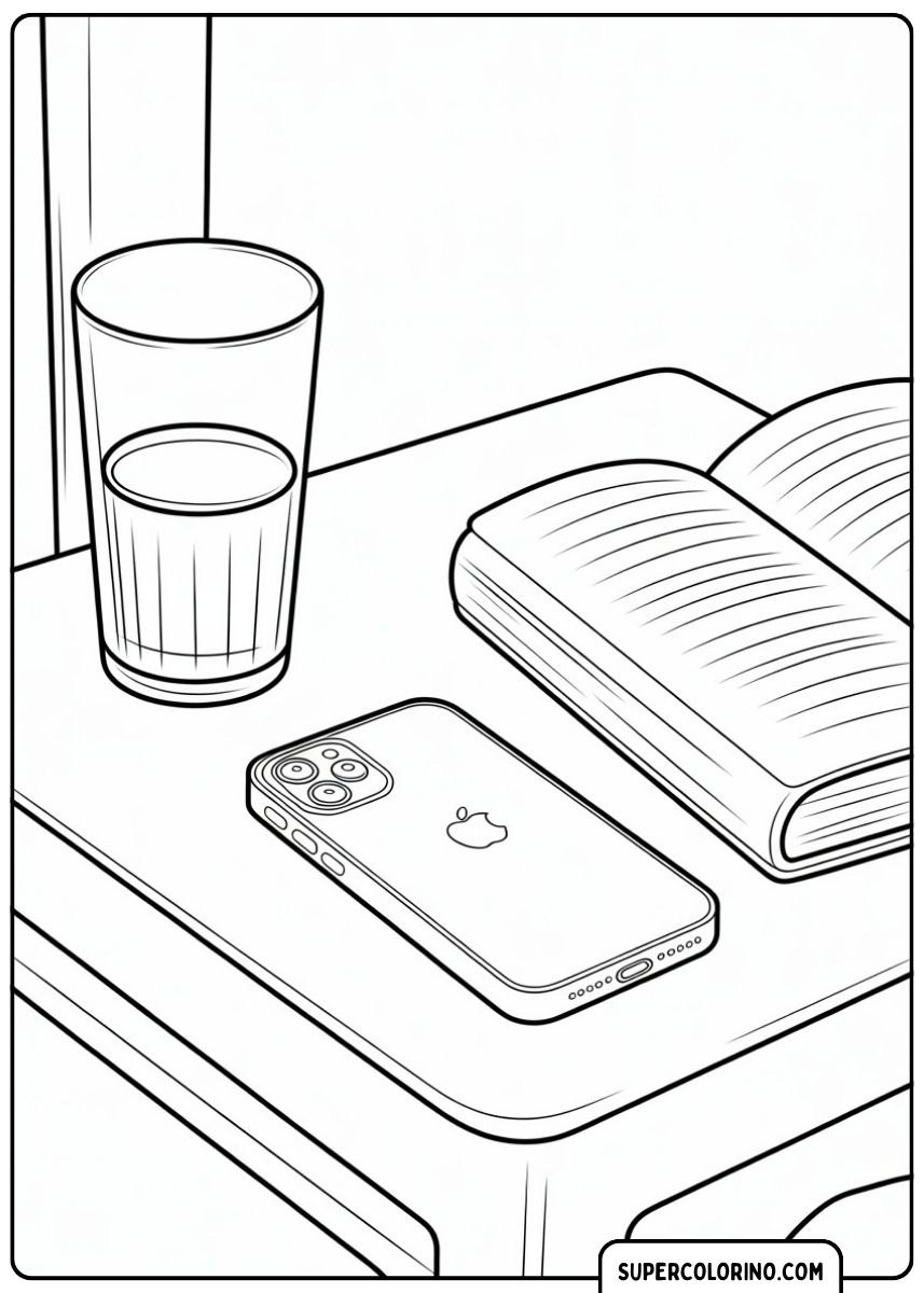 iPhone, Buch und Glas Wasser auf einem Tisch.