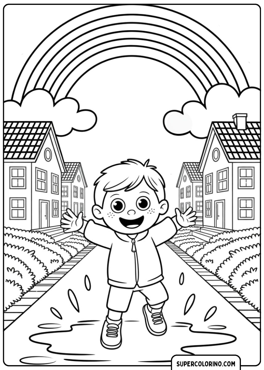 Coloriage d'un enfant heureux sautant dans une flaque d'eau dans une rue résidentielle, avec un arc-en-ciel.
