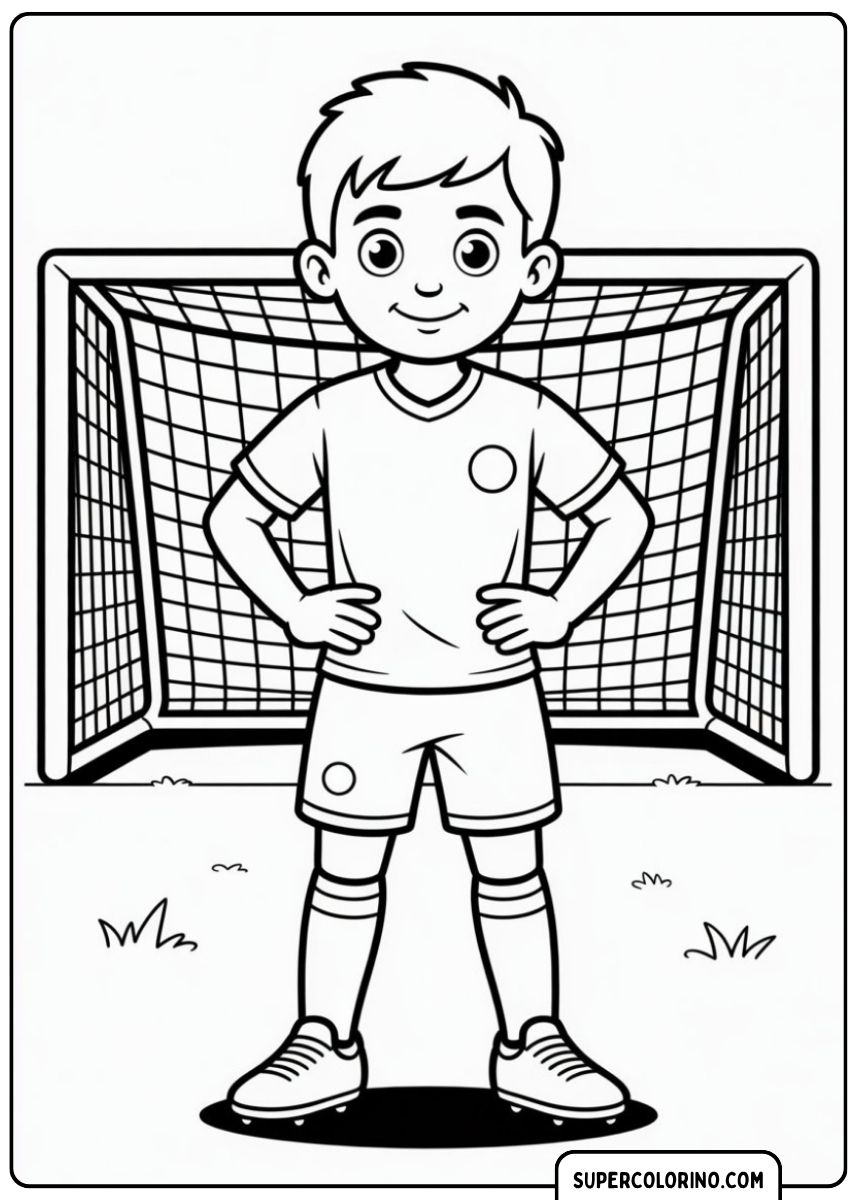 Kleurplaat van een jonge voetballer die trots voor het doel staat.