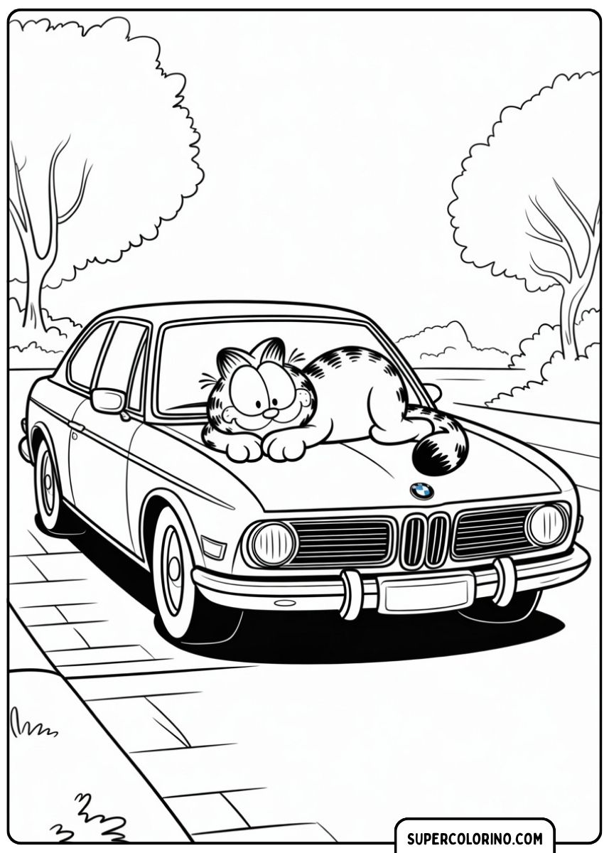 Malvorlage BMW Coupé und Garfield: Die faule Garfield-Katze auf der Motorhaube eines klassischen BMW Coupé.