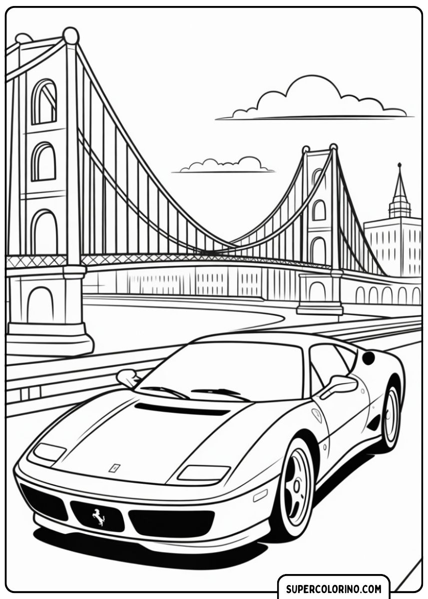 Kleurplaat van een klassieke Ferrari F512/355 (waarschijnlijk) in de stad, met een grote hangbrug op de achtergrond.