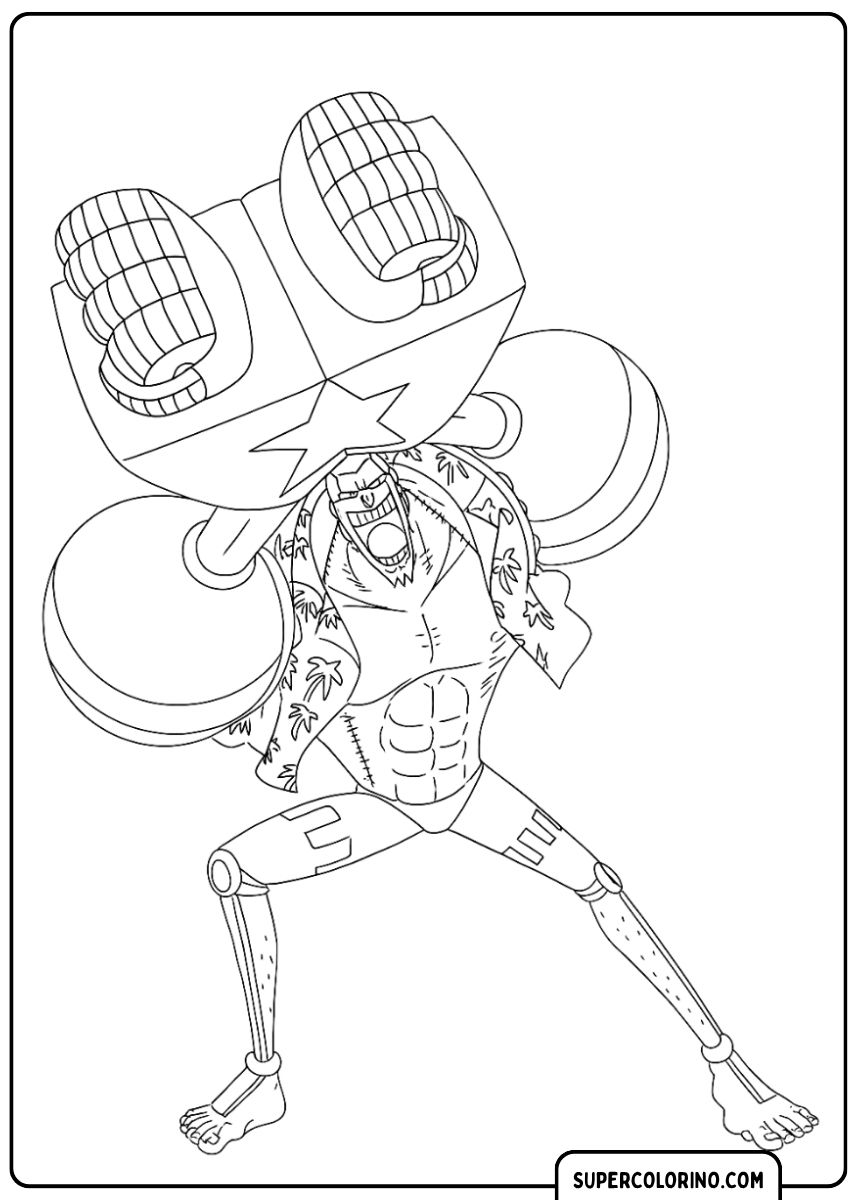 Image à colorier : Franky, le charpentier cyborg, soulève une grosse barre.