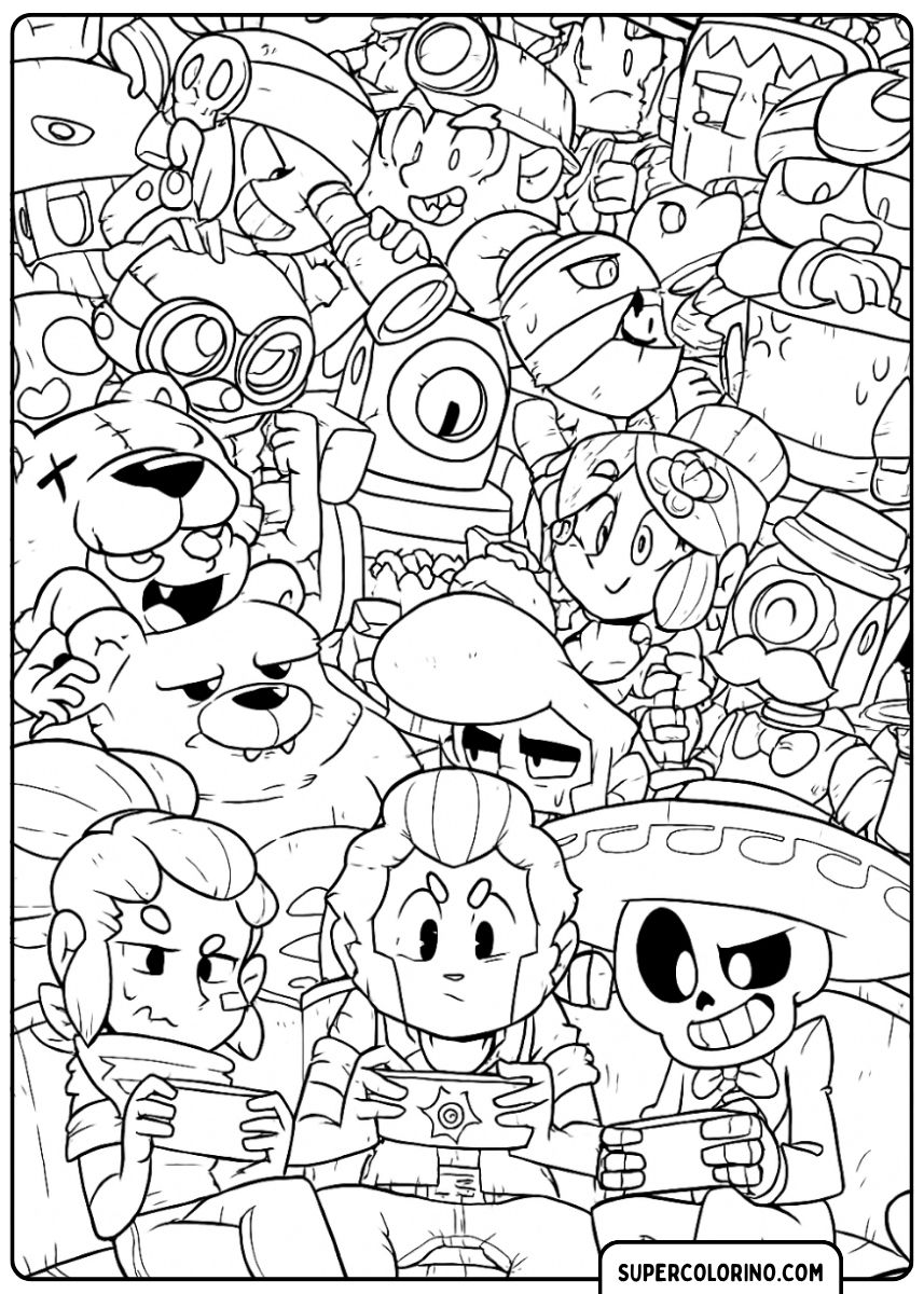 Image à colorier d'une bande de Brawlers (Spike, Shelly, Colt, Poco, etc.) entassés.