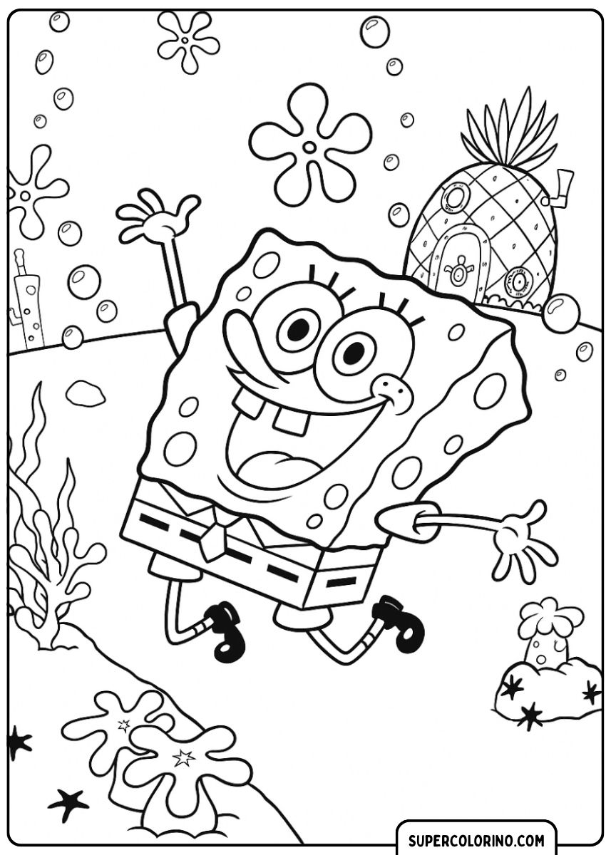 Fröhlicher SpongeBob, der vor seinem Ananashaus springt oder tanzt.